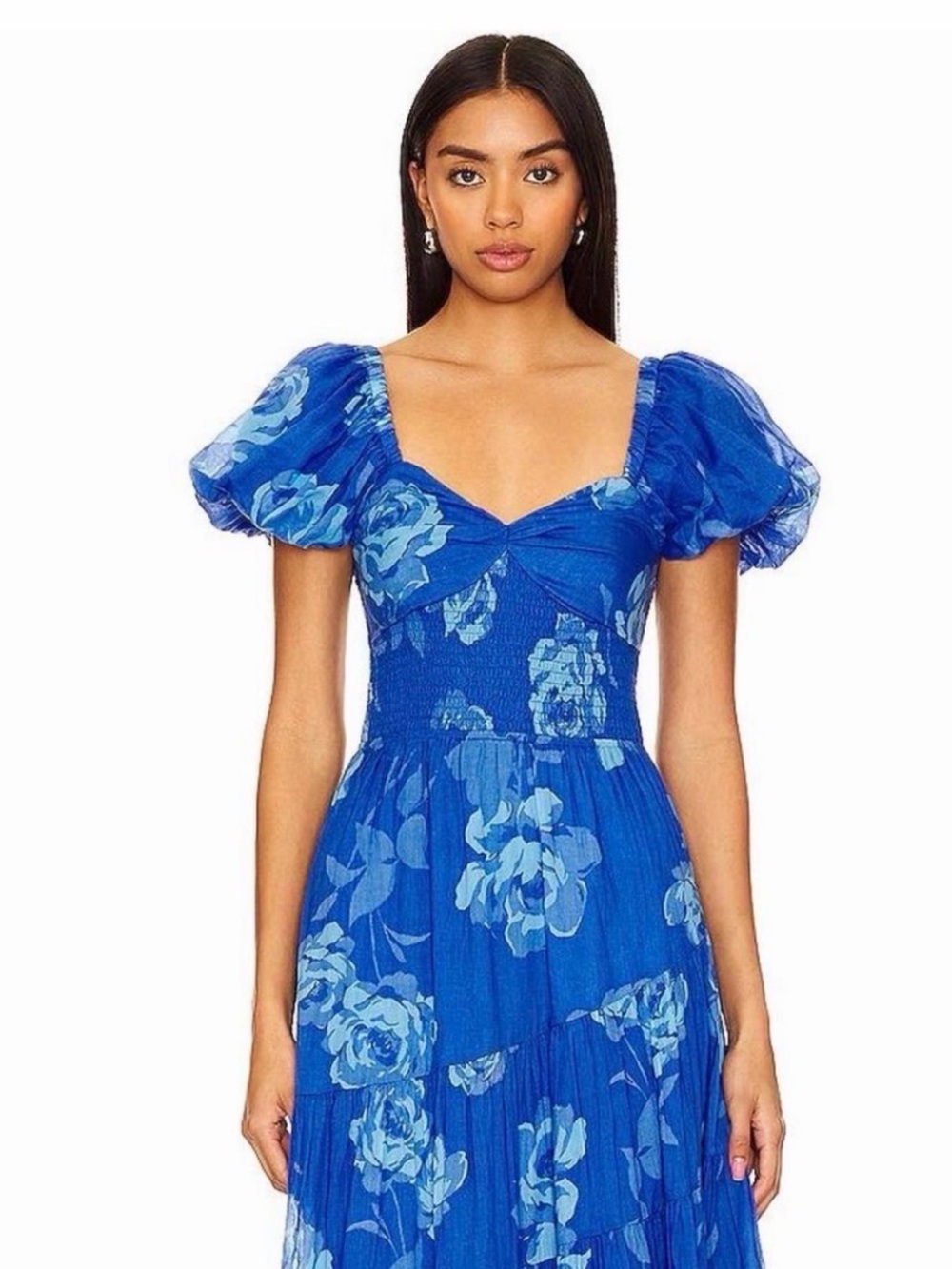 Free People Blue Floral Maxi Dress with Puff Sleeves
